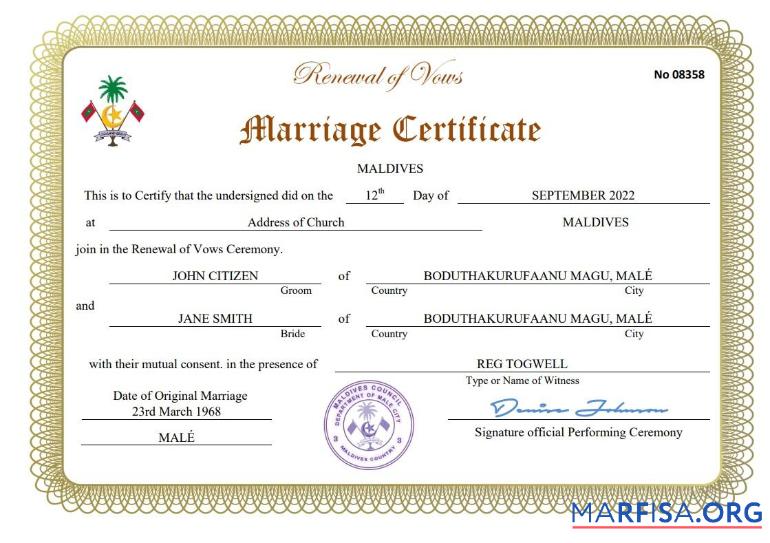 Blank Maldives marriage certificate Word and PDF template